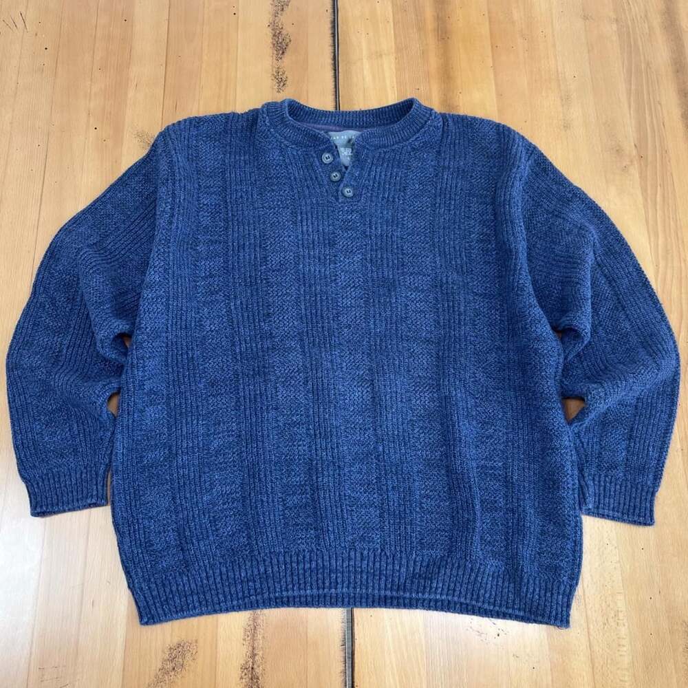 Oscar de la Renta Chunky Knit Henley Sweater Size L Blue